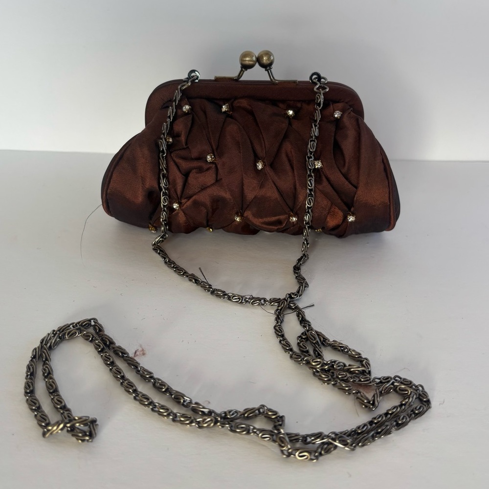 Small Brown Rhinestone Quilted Kiss lock Clutch